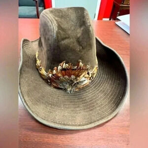 Vintage GW Brown Cowboy Western Hat With Feathers Medium Retro